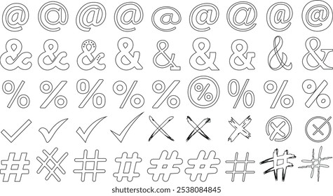 Symbols vector icons, and typography of ampersands, at symbols, percentage signs, checkmarks, crosses, and hashtags in outline style for graphic design, branding, and typography projects