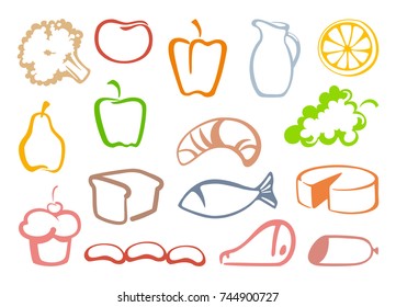 Symbols of vegetables, fruit, meat and dairy products, breads and fishes