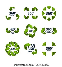 Symbols of virtual reality. 360 degrees 3D rotate. Virtual 3d view, rotation and panorama 360 degree. Vector illustration