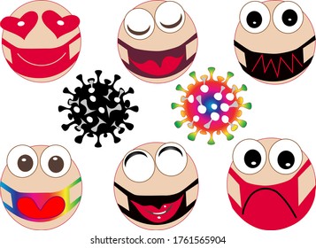 Symbols of the virus corona. Emoticons as a symbol wearing a mask.