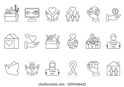 Symbols of volunteers and charities organisations. Monolines icons set. Vector donate money, giving and support, nonprofit voluntary illustration