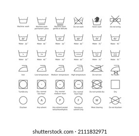 Symbols of washable. Full icon set of laundry symbols, hand wash, washing machine, label, iron, caring. Icons for washing. Vector illustration.