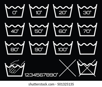 Symbols washing options,white.
Set graphics recommending temperatures and types of mechanical action on the material.