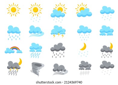 Symbols for weather forecasts set isolated elements. Bundle of clear sun, cloudy sky, snowfall, windy, thunderstorm, rain, rainbow, drizzle and others. Vector illustration in flat cartoon design.