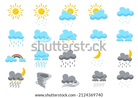 Symbols for weather forecasts set isolated elements. Bundle of clear sun, cloudy sky, snowfall, windy, thunderstorm, rain, rainbow, drizzle and others. Vector illustration in flat cartoon design.