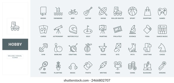 Symbols of weekend activity and lifestyle, music and yoga, entertainment and travel, painting and writing thin black and red outline vector illustration. Hobby, sport and fun leisure line icons set