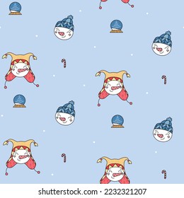 Symbols of winter - snowmen, snow globes and candy canes seamless vector pattern. Cute hand drawn Christmas background for wrapping paper, textile, wallpaper, gift, fabric, print, packaging, apparel.