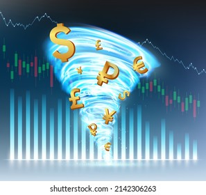 Los símbolos de las monedas mundiales rotan en un tornado. Crisis financiera y recesión en la economía global. Ilustración vectorial.