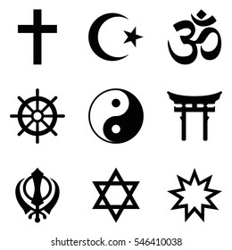 Symbols of World religions. Nine signs of major religious groups and principle religions. Christianity, Islam, Hinduism, Buddhism, Taoism, Shinto, Sikhism, Judaism, Bahai Faith. Illustration. Vector.