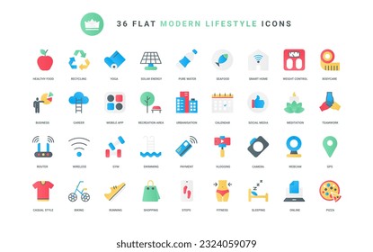 Symbols of youth and social media, sports and fitness, smart mobile apps control weight and sleep, food for body health. Modern healthy lifestyle trendy flat icons set vector illustration