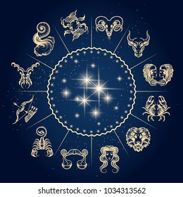 Symbols of zodiac and horoscope circle, astrology and mystic signs. Vector illustration.