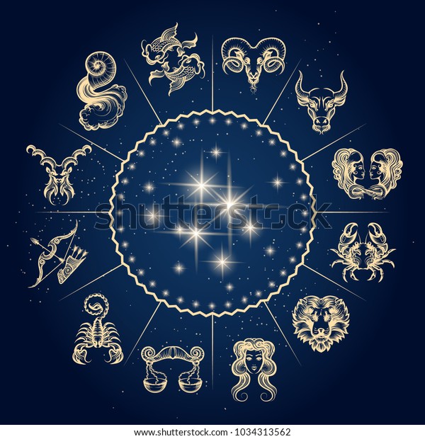 Symbols of zodiac and horoscope circle,\
astrology and mystic signs. Vector\
illustration.