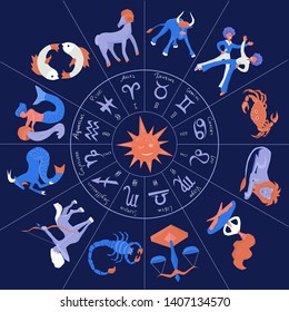 Symbols of the zodiac horoscope on a dark blue background. Zodiac Circle