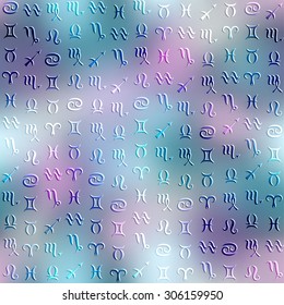 Symbols of zodiac on blurred background. Seamless pattern.