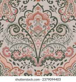 Symetrical ornament stylized with leaves, branches and blooms. Floristic motif for making carpets and other home decor items. Seamless pattern, wallpaper or background print. Vector in flat style