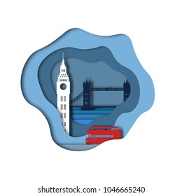 Symhols of London - red bus. Big Ben, Tower Bridge. Paper cut style. Vector illustrtation.