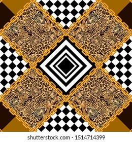 Symmertic animal print. Seamless vector pattern with jaguar spots and chess checkers. Barogue textile collection. Template for scarves, dresses, cards, covers.
