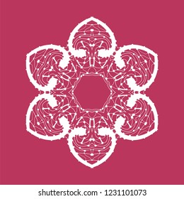 Symmetri Mandala Doodle Drawing By Hand. Round ornament In white Colour On Purple.
