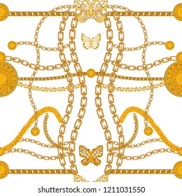 Symmetric Art Deco style print with buttereflies. Seamless vector pattern with chains and golden coins. Vintage textile collection. On white background.