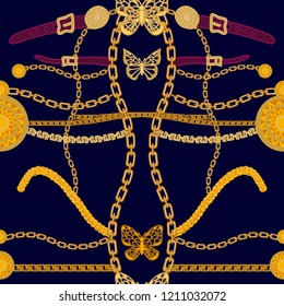 Symmetric Art Deco style print with buttereflies. Seamless vector pattern with chains and golden coins. Vintage textile collection. On black background.