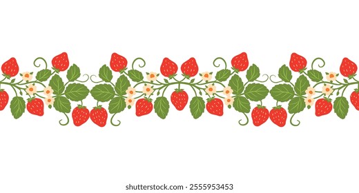 Symmetric berry ornamental border seamless pattern. Strawberry fruits and leaves repeat vector illustration for banners, postcards, flyers, wallpapers for social networks, textiles, tablecloths, nap