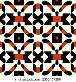 Symmetric black and red pattern on white, inspired by the styles of Escher and Penrose, resulting in a captivating seamless design.