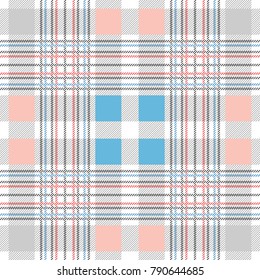 Symmetric checkered print. Seamless vector pattern with checkers and stripes. Hipster fashion collection. Textile design for shirts, dresses, plaids, napkins, tablecloth. White, pink, blue, beige.