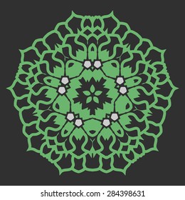 Symmetric circular green pattern. Vector illustration of mandala