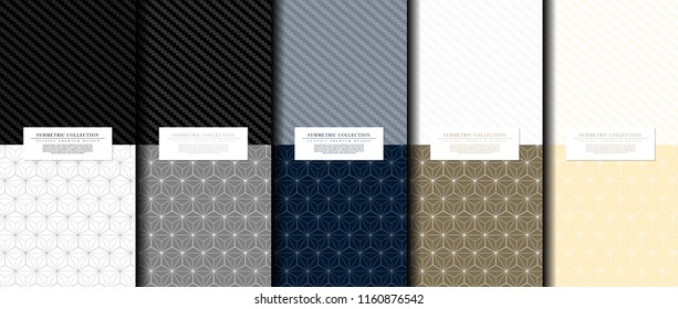 Symmetric collection abstract pattern hexagonal geometic navy blue background card template vector design