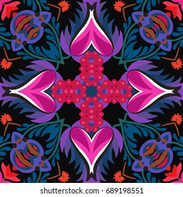 Symmetric colorful seamless floral pattern in cross-shaped in pink, purple colors on a dark background