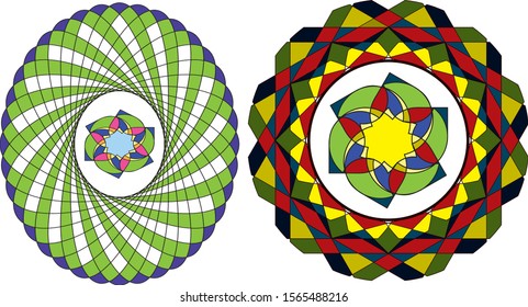 symmetric composition, bright abstraction of round shape, seamless pattern, vector illustration in stained glass