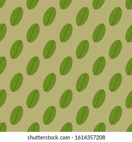Symmetric cute green coffee beans seamless pattern on a yellow background. Flat vector illustration.
