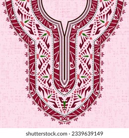 Symmetric decorative ornament neckline pattern design for dashiki shirt in vintage style. The fashion design for African clothing. Textile surface pattern with colorful Thai art and floral motifs. 