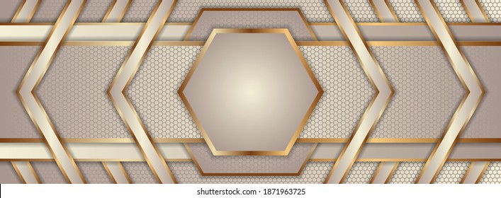 symmetric design abstract geometric background use horizontal layout  soft brown   gold gradient colors combination  rectangle paper cut style and arrow   hexagon element  hexagon pattern 
