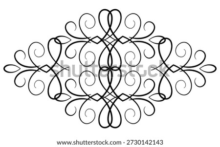 Symmetric design element of curved lines and curls. Black isolate vintage lacy ornament. Vector fantasy filigree motif for card, invitation, etc.
