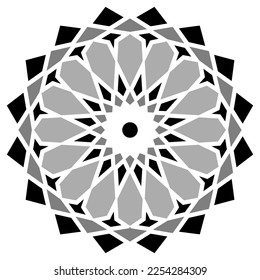 Symmetric design pattern. Ornamental Background. Grayscale mosaic. Motif. Decorative texture. Arabesque style. Editable vector. High quality. Isolated background. Scalable.
