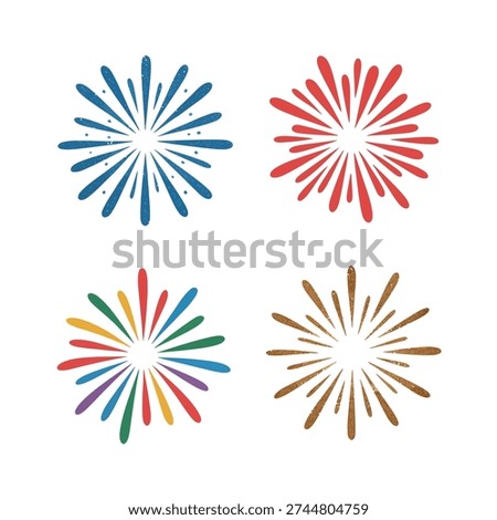 Symmetric fireworks rosettes set, holiday night celebration artwork, town square concert banner, countdown session details, parking advisory and shuttles