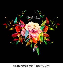 Symmetric floral illustration with bird. Gladiolus with peony, leaves and branch. Hand drawn, vector - stock.