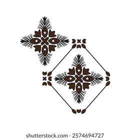 Symmetric floral motif geometric pattern black and brown design, ornate cross shape, diamond frame, stylized leaves, Art Deco influence repeating elements intricate details high contrast, 