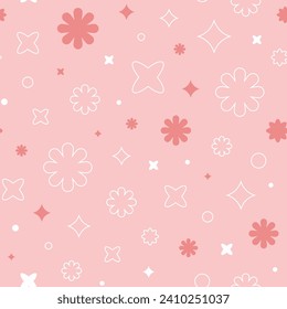 Symmetric flowers and stars on pink background. Geometric outline forms, circles, spots. Girly seamless pattern for wrapping, textile. Vector spring illustration. Feminine decorative wallpaper.