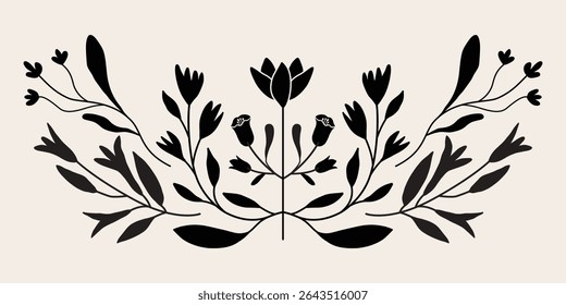 Symmetric folk art style flower and leaf illustration. Isolated vector. Botanical frame and wreath graphic design for invitation and banner . Black and white.	