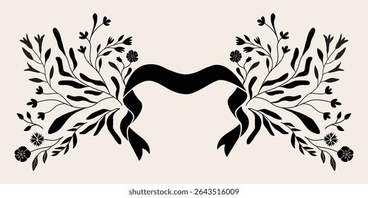 Symmetric folk art style flower and leaf illustration. Isolated vector. Botanical frame and wreath graphic design for invitation and banner . Black and white.	