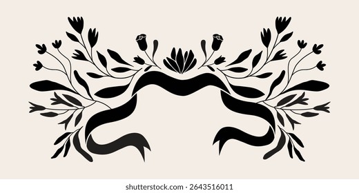 Symmetric folk art style flower and leaf illustration. Isolated vector. Botanical frame and wreath graphic design for invitation and banner . Black and white.	