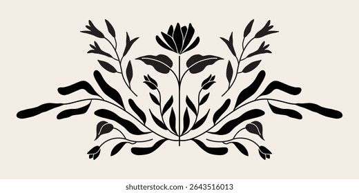 Symmetric folk art style flower and leaf illustration. Isolated vector. Botanical frame and wreath graphic design for invitation and banner . Black and white.	