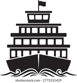 Symmetric front view silhouette of a passenger ferry boat. Minimalist flat design showing the bridge and cabins for river navigation icons.