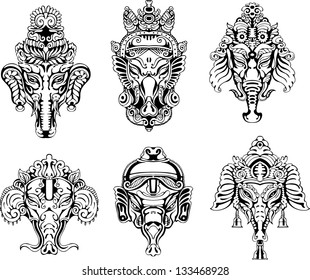 Symmetric Ganesha masks. Set of black and white vector illustrations.