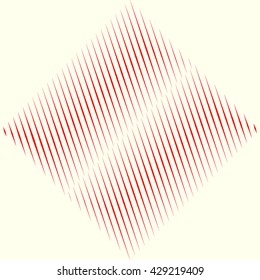 Symmetric geometric stylized rhombus. Geometrical form block. Red sharp lines abstract in the middle of a wallpaper. Optical illusion effect figure on background. Vector illustration 