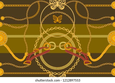 Symmetric golden print.  Seamless vector pattern with straps, chains and coins. Vintage textile collection. On brown background.