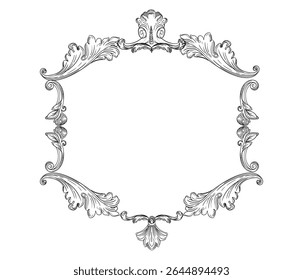 Symmetric hand drawing baroque frame, ornate design element. Vintage filigree damask art, wedding scroll engraving retro border. Vector illustration. For decoration, cards, invitation