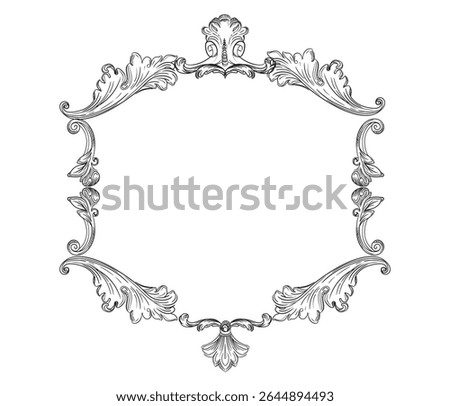 Symmetric hand drawing baroque frame, ornate design element. Vintage filigree damask art, wedding scroll engraving retro border. Vector illustration. For decoration, cards, invitation